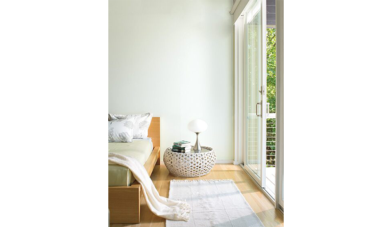 Minimal bedroom with walls painted in Palest Pistachio 2122-60. Minimal bedroom with walls painted in Palest Pistachio 2122-60.